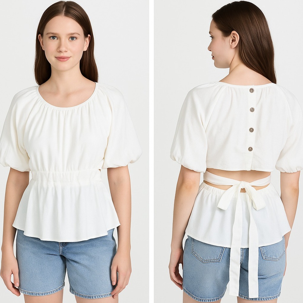 ASTR the Label Women's Vendetti Puff Sleeve Back-Tie Top White Size XS Short
